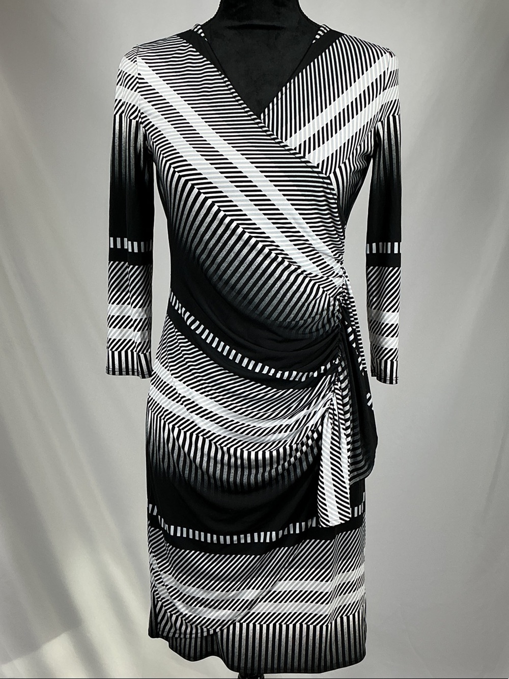 New York & Company Faux Wrap Midi Dress S Black White Geometric Stripe 3/4